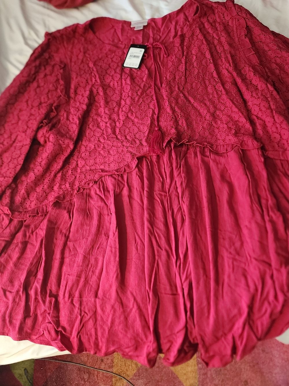 Avenue Red Lace & Pleated Peasant Blouse